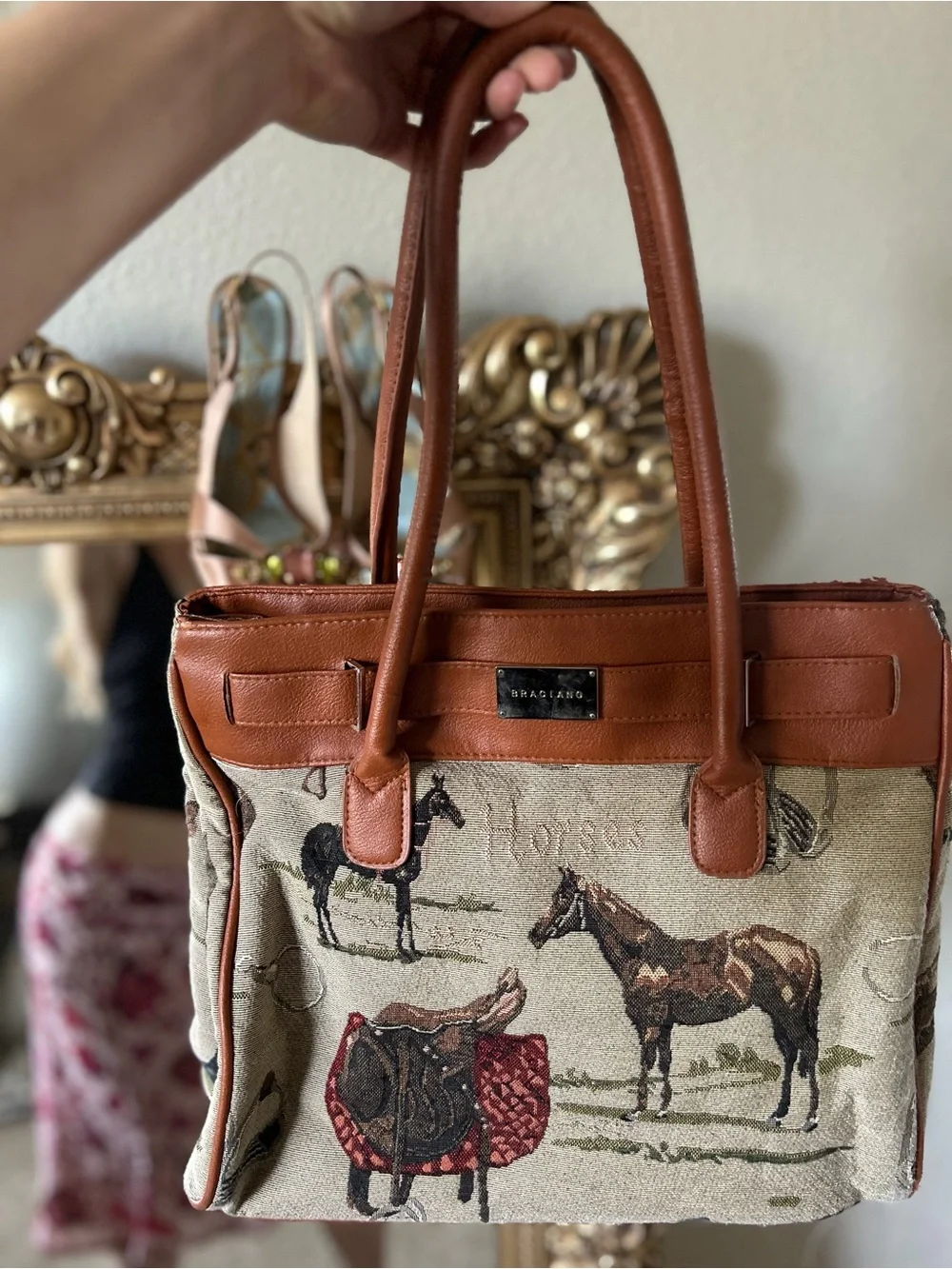 Tapestry Equestrian Tote with Tan Leather Trim